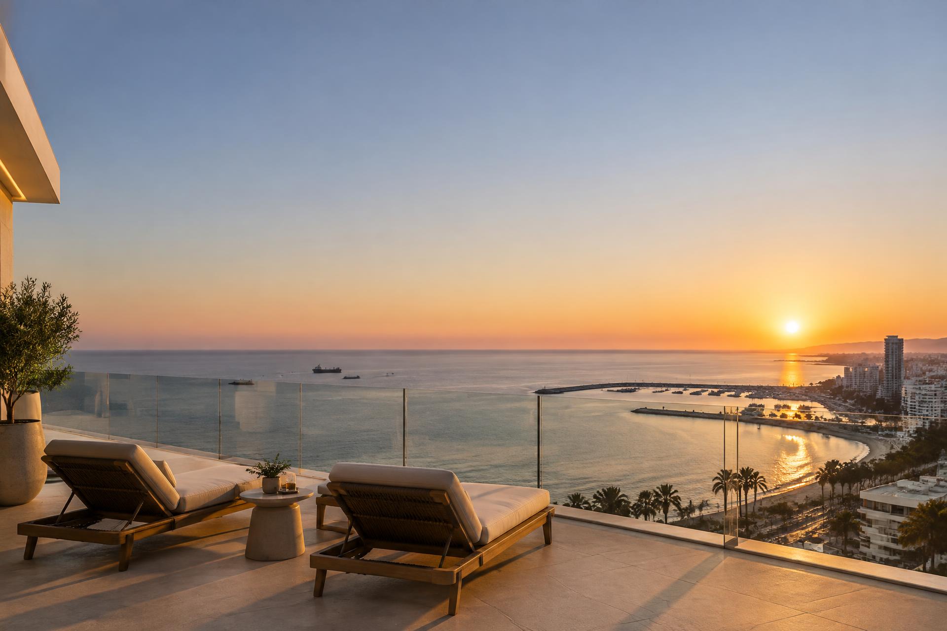 A sea-view penthouse terrace in Limassol at sunset