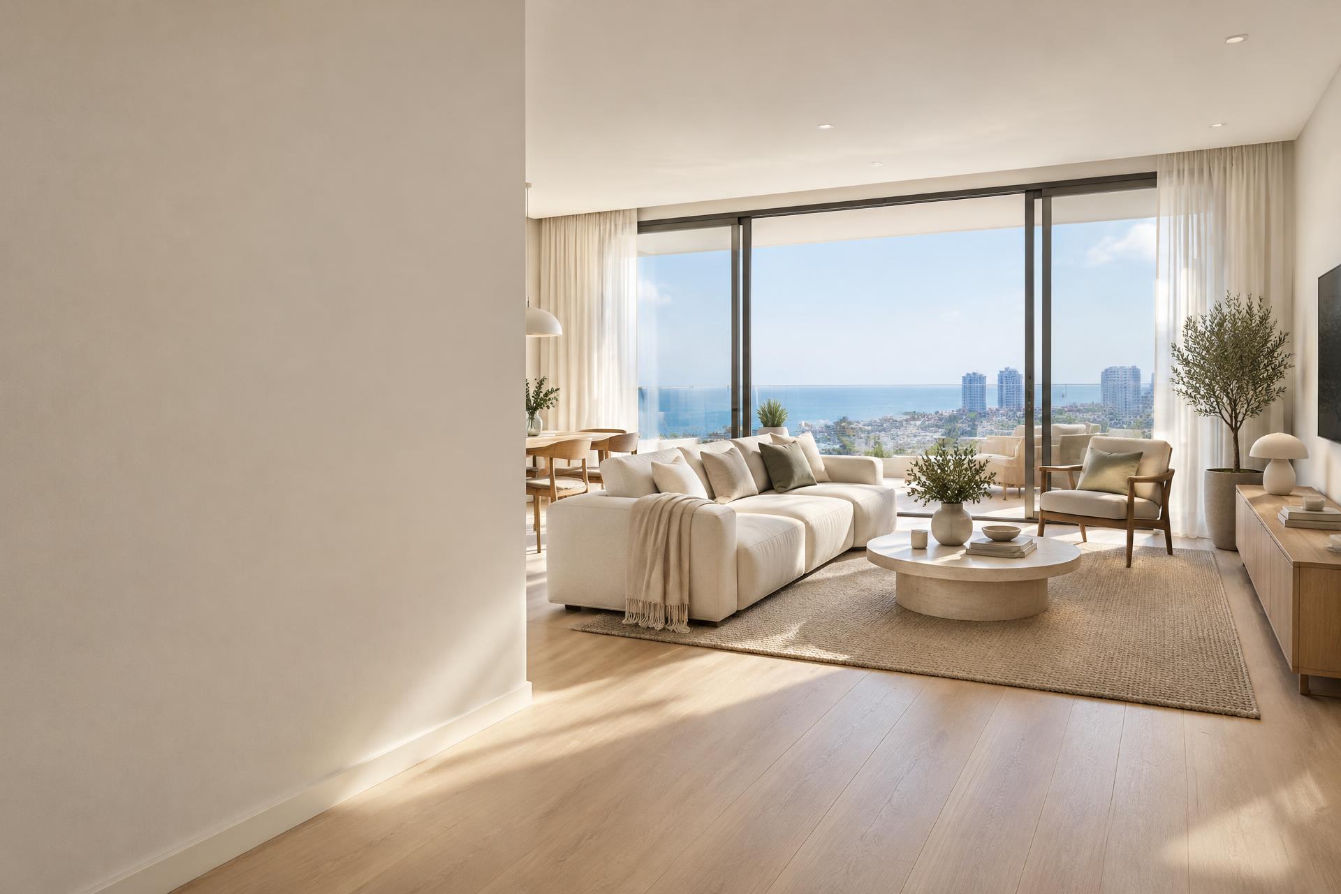 A bright Limassol apartment living room with sea views