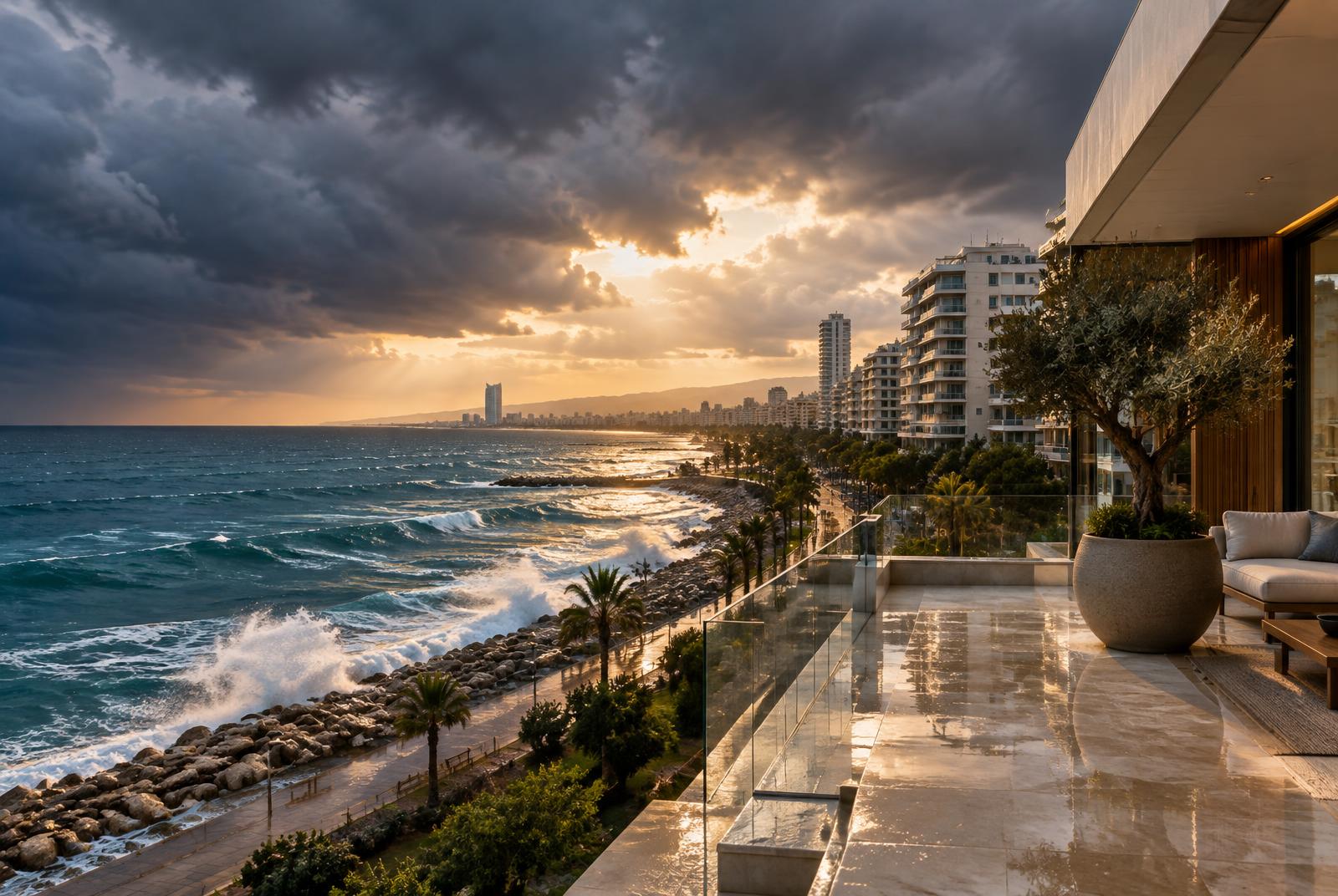 Dark storm clouds clearing over the Limassol seafront and a wet villa terrace