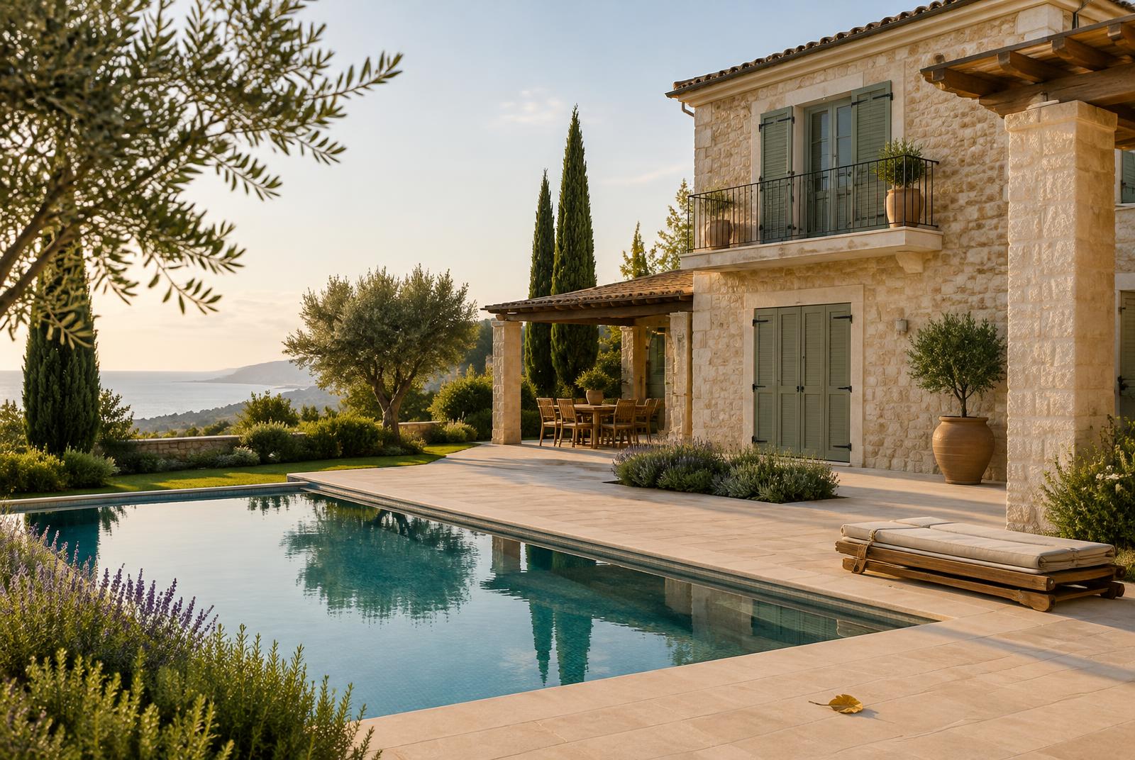 A quiet Cyprus stone villa with closed shutters and a still pool in morning light