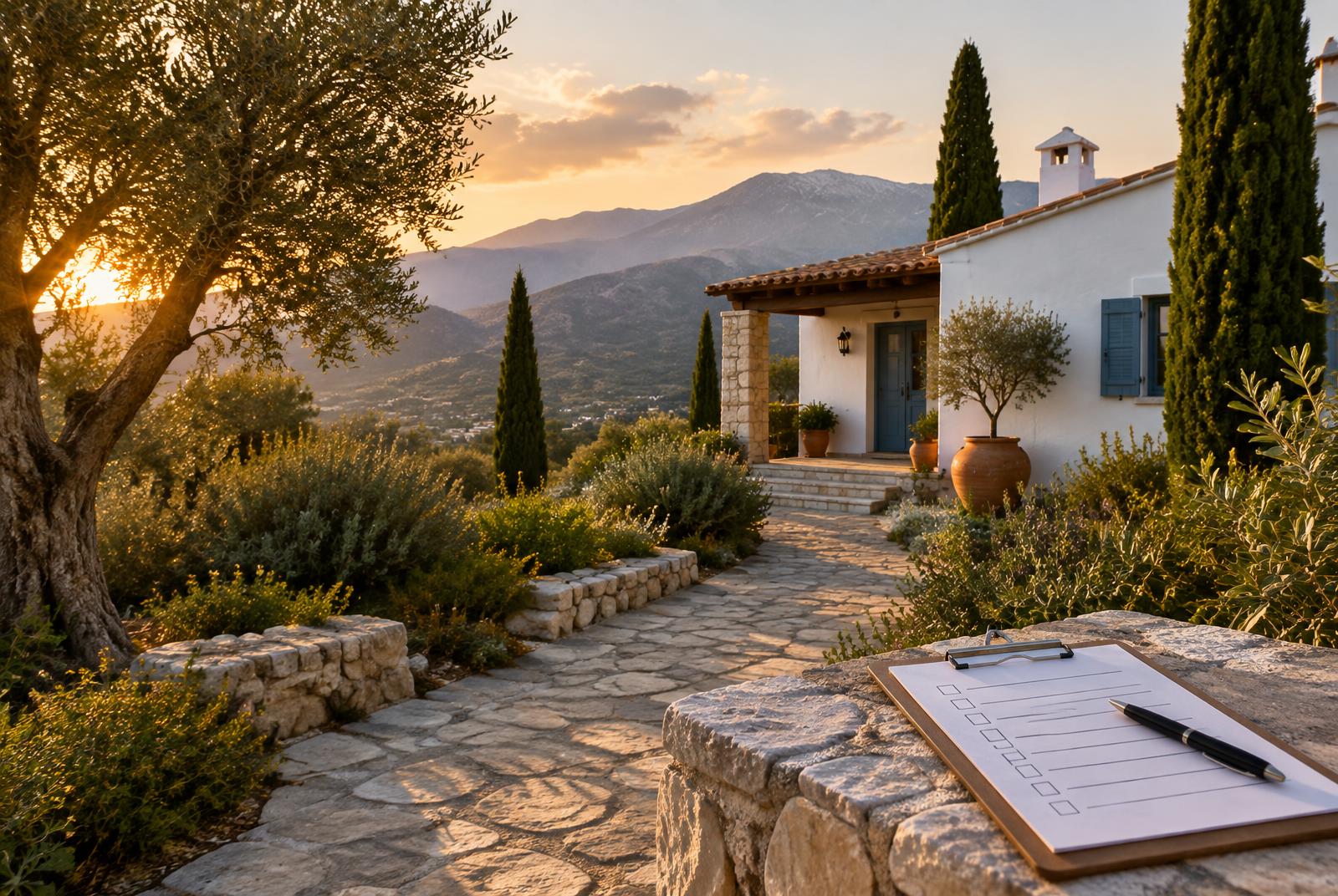 Whitewashed Cyprus villa with an inspection checklist at golden hour