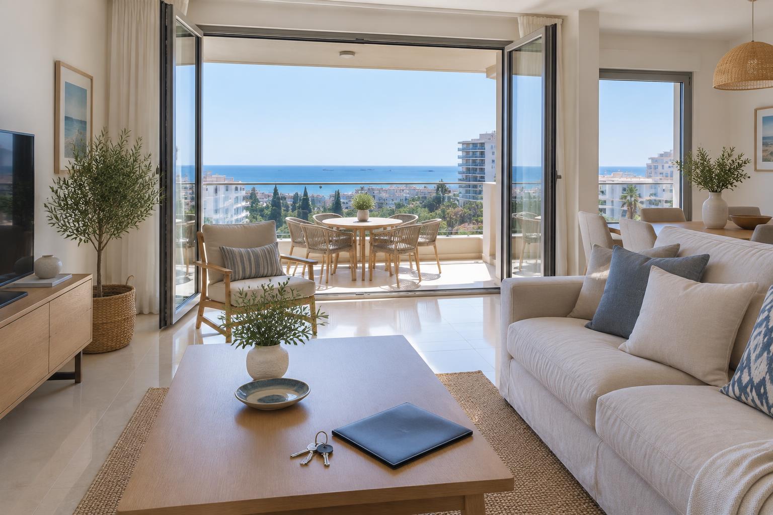 Illustrative sea-view Cyprus apartment with keys and a folder ready for an owner handover